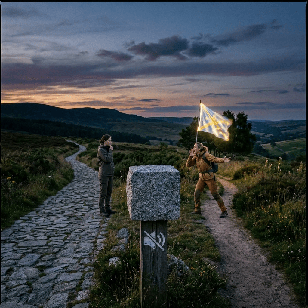 Two diverging hiking paths at sunset with a post showing a no sound symbol and a glowing flag in the distance