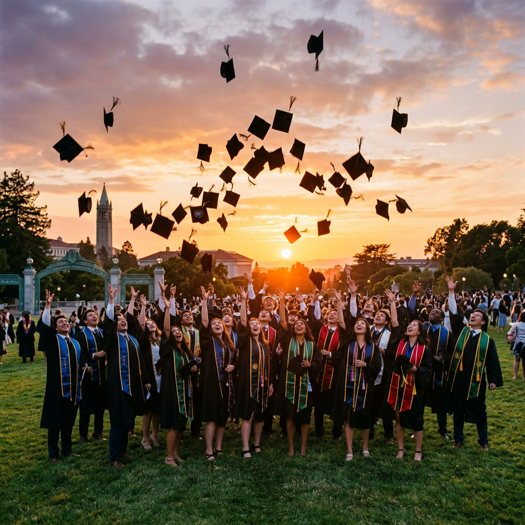 Group of graduates throwing caps in air outdoors at sunset
