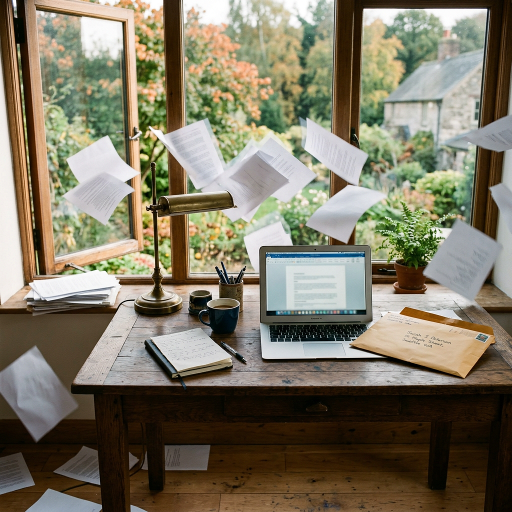 Wooden desk with laptop, coffee cup, notebook, letter, and papers flying in front of window