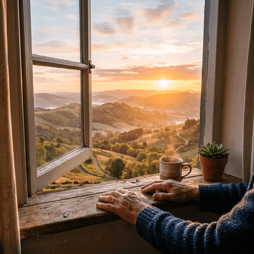Hands resting on a wooden window sill with a coffee cup and succulent plant overlooking sunrise hills