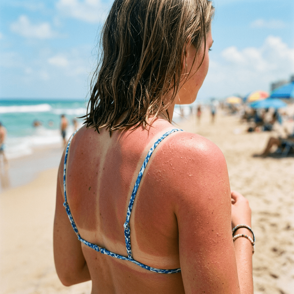 Back of woman with sunburn and peeling skin in blue bikini at beach