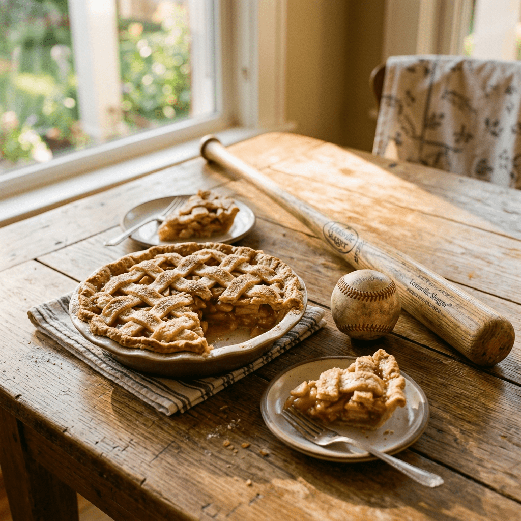 Lattice-top apple pie with two slices served on plates next to a baseball bat and ball on wooden table