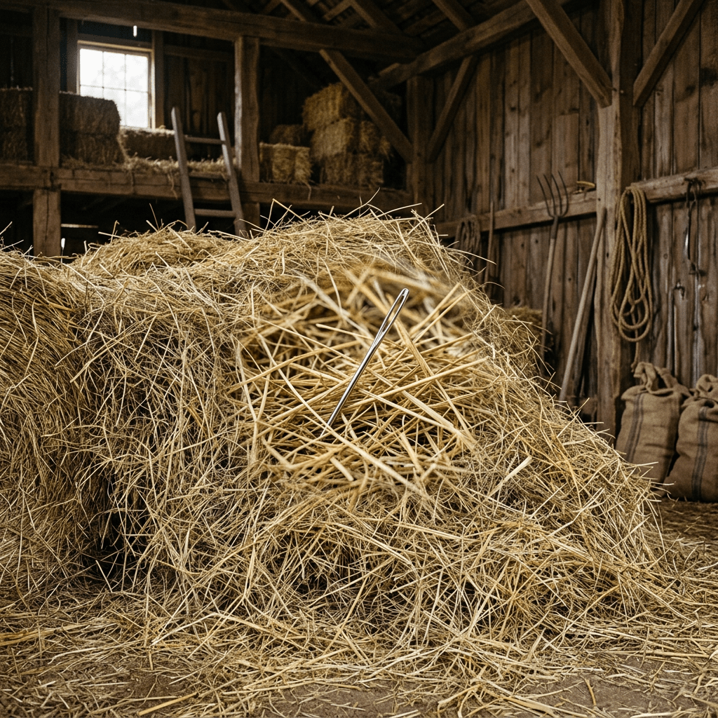 Large haystack with a metal sewing needle stuck in the middle