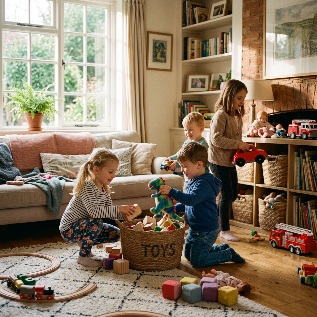 Four children playing with toys in a cozy living room