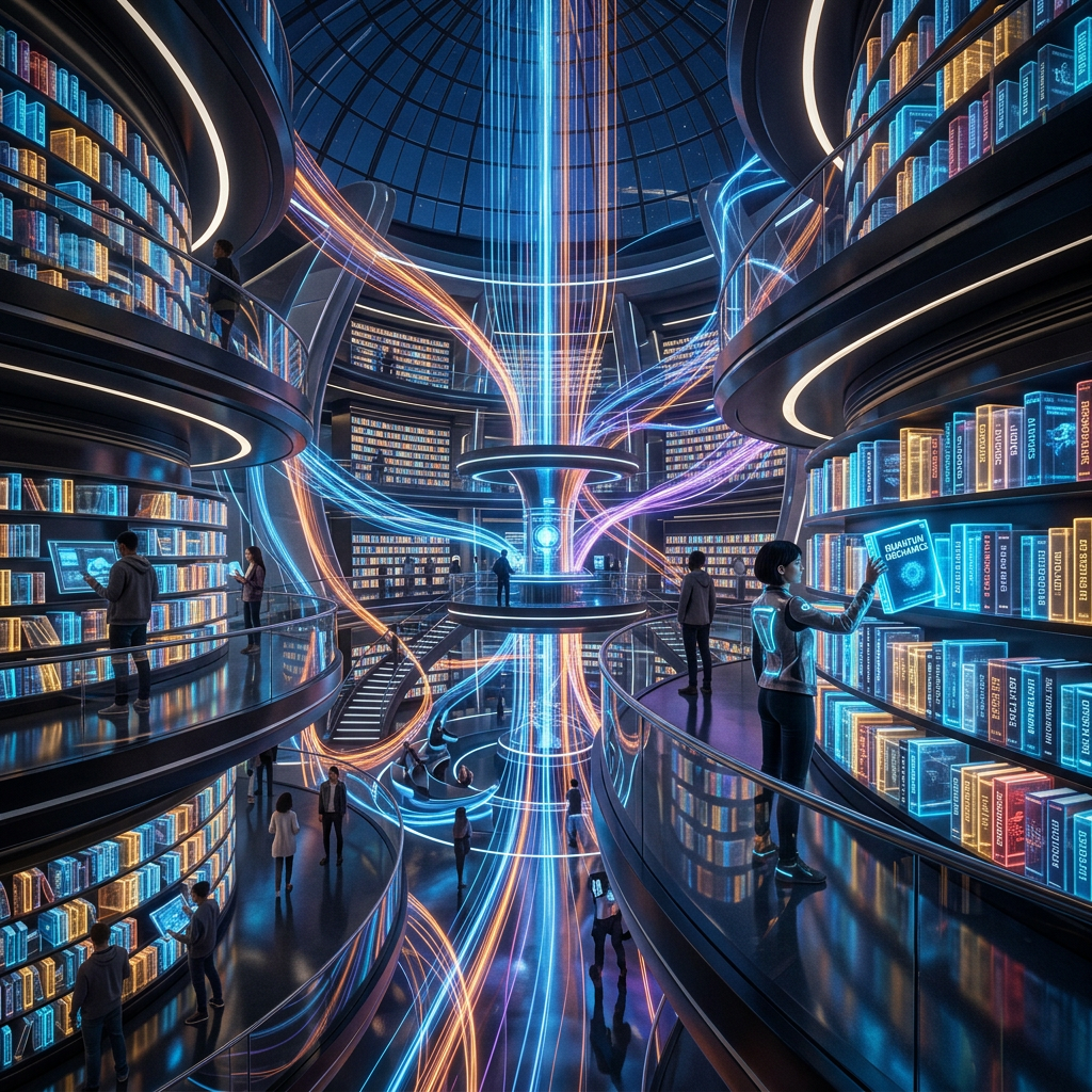 Interior of a futuristic library with multi-level curved shelves, glowing neon books, and people browsing digital information.