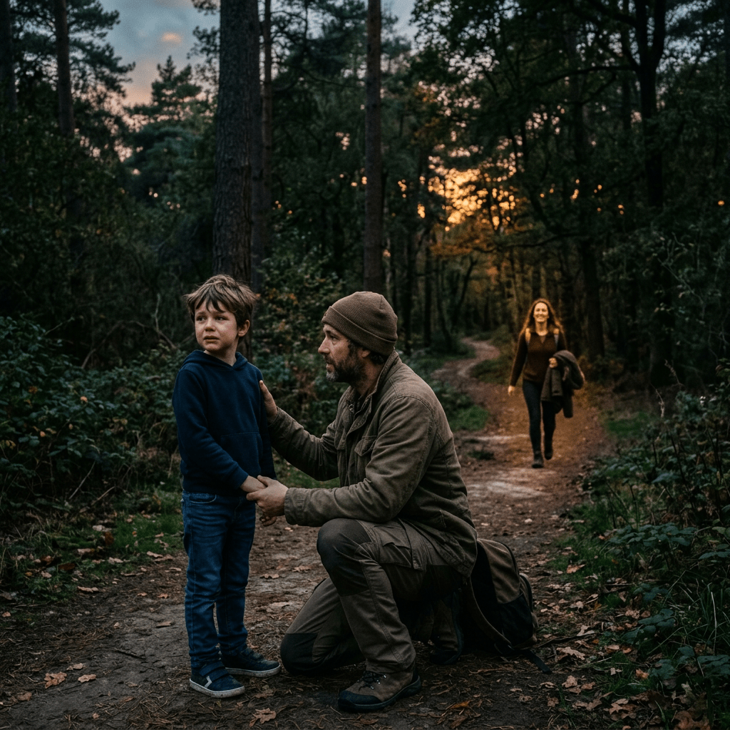 A worried little boy stands on a forest path while a kind man kneels beside him; his mother runs toward them at sunset.