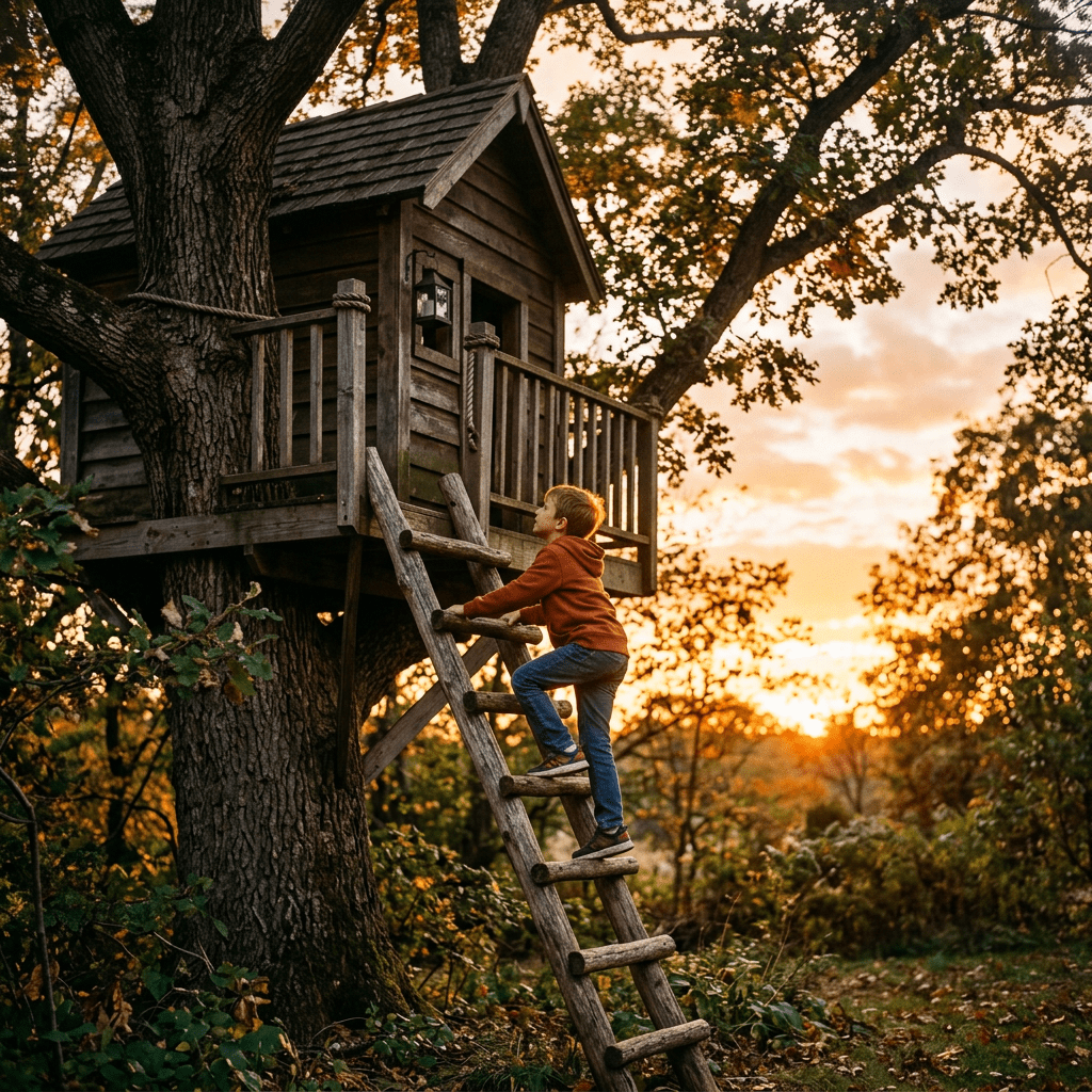 Boy climbing wooden ladder to treehouse on large tree at sunset