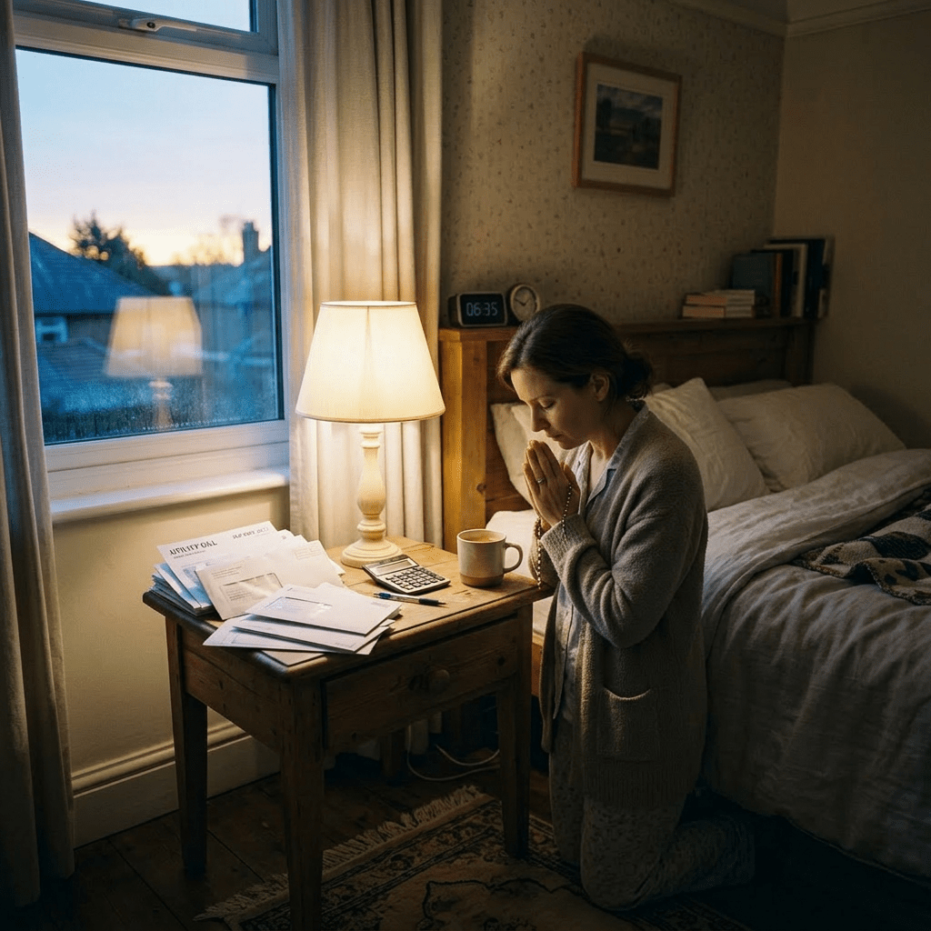 Woman praying by window with bills at dawn