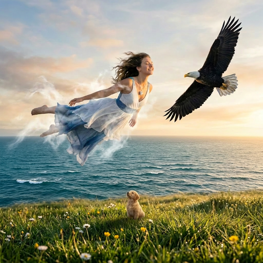 A woman floats peacefully above the ocean with an eagle soaring beside her while a puppy looks up from a grassy hill, symbolizing harmony between earth and heaven.