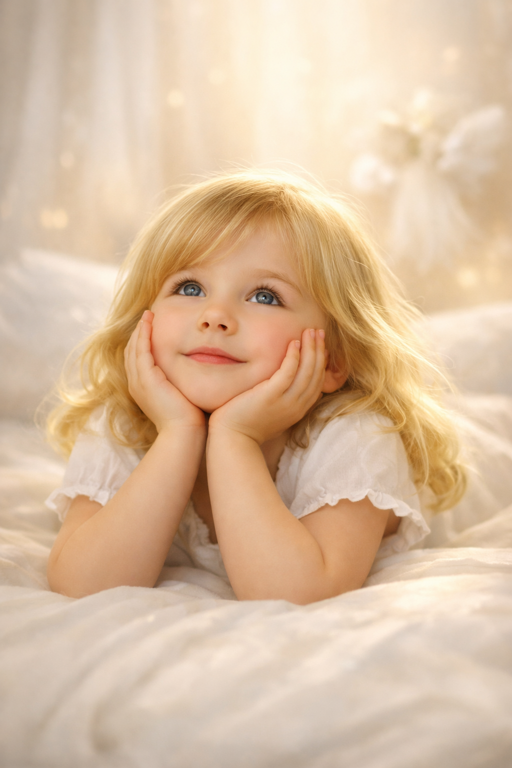 A young blond haired little girl laying on her bed gazing up as to daydreaming.