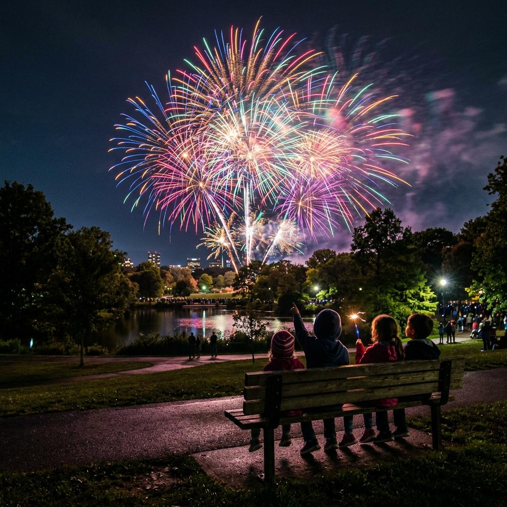Children sitting on a park bench watching colorful fireworks over a lake at night