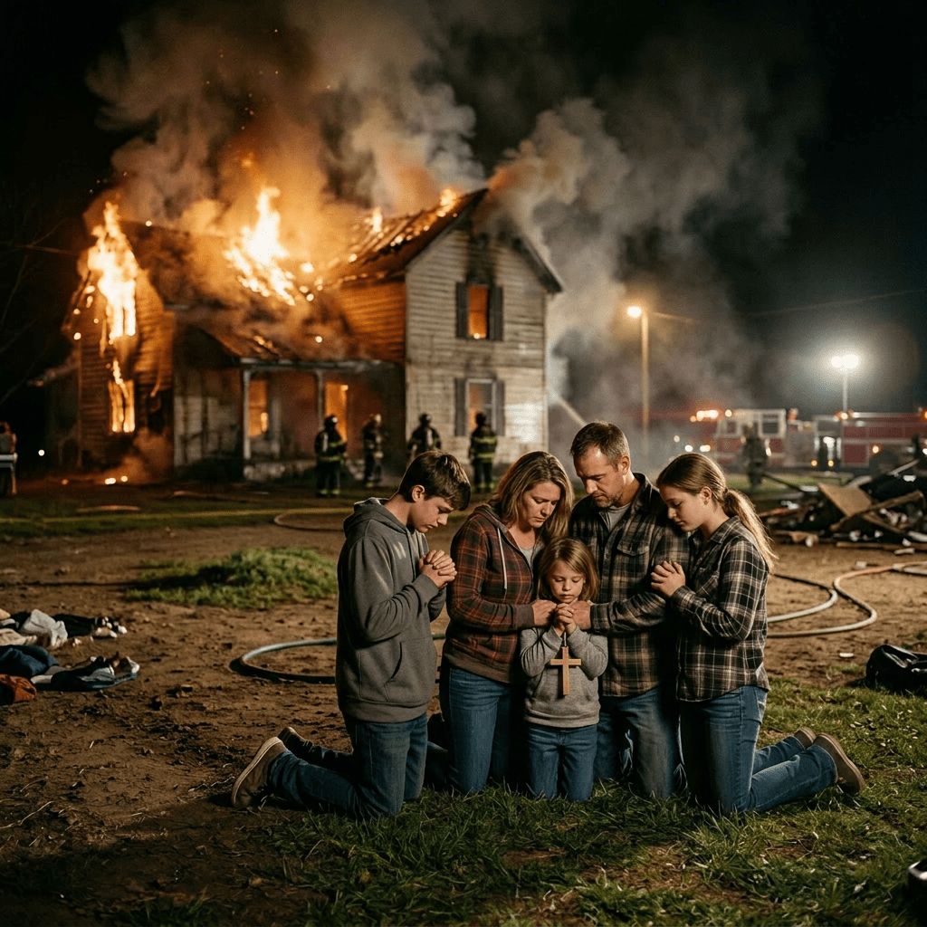 Family of five kneeling and praying outside a burning house at night