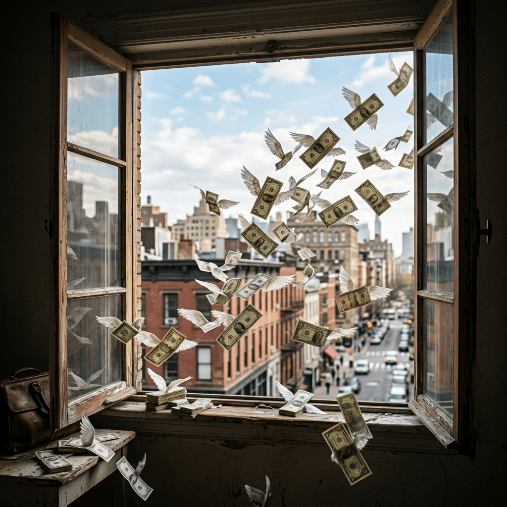Dollar bills with wings flying out of an open window above a city street view