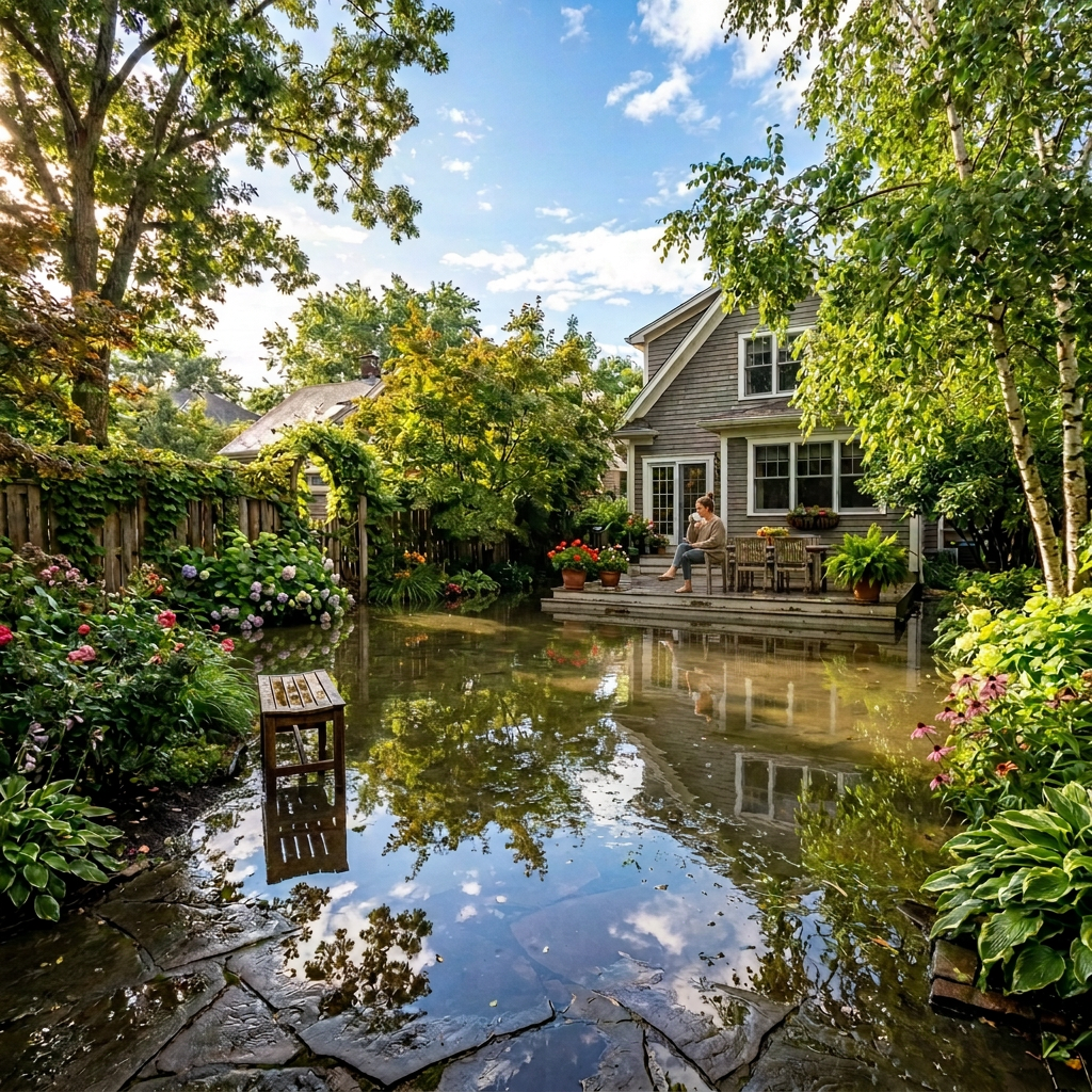 Backyard garden with wet stone path, wooden bench, green lawn, and house in background