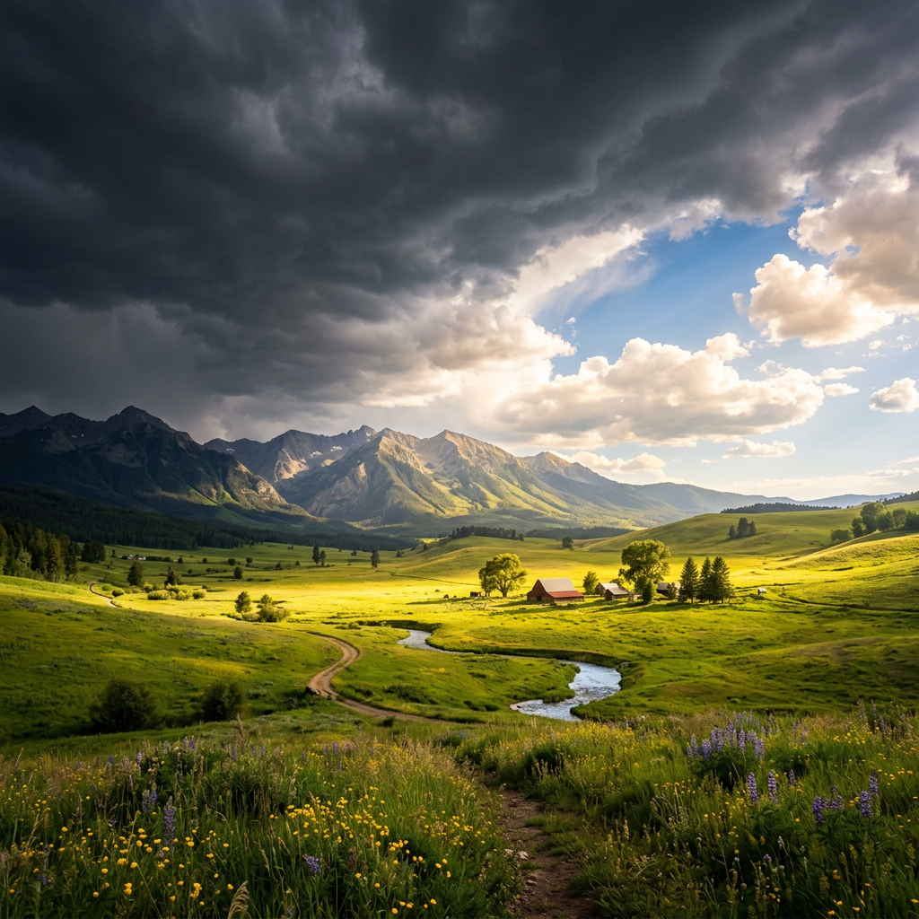 Mountain valley with winding river, farm buildings, green fields, wildflowers, and storm clouds.