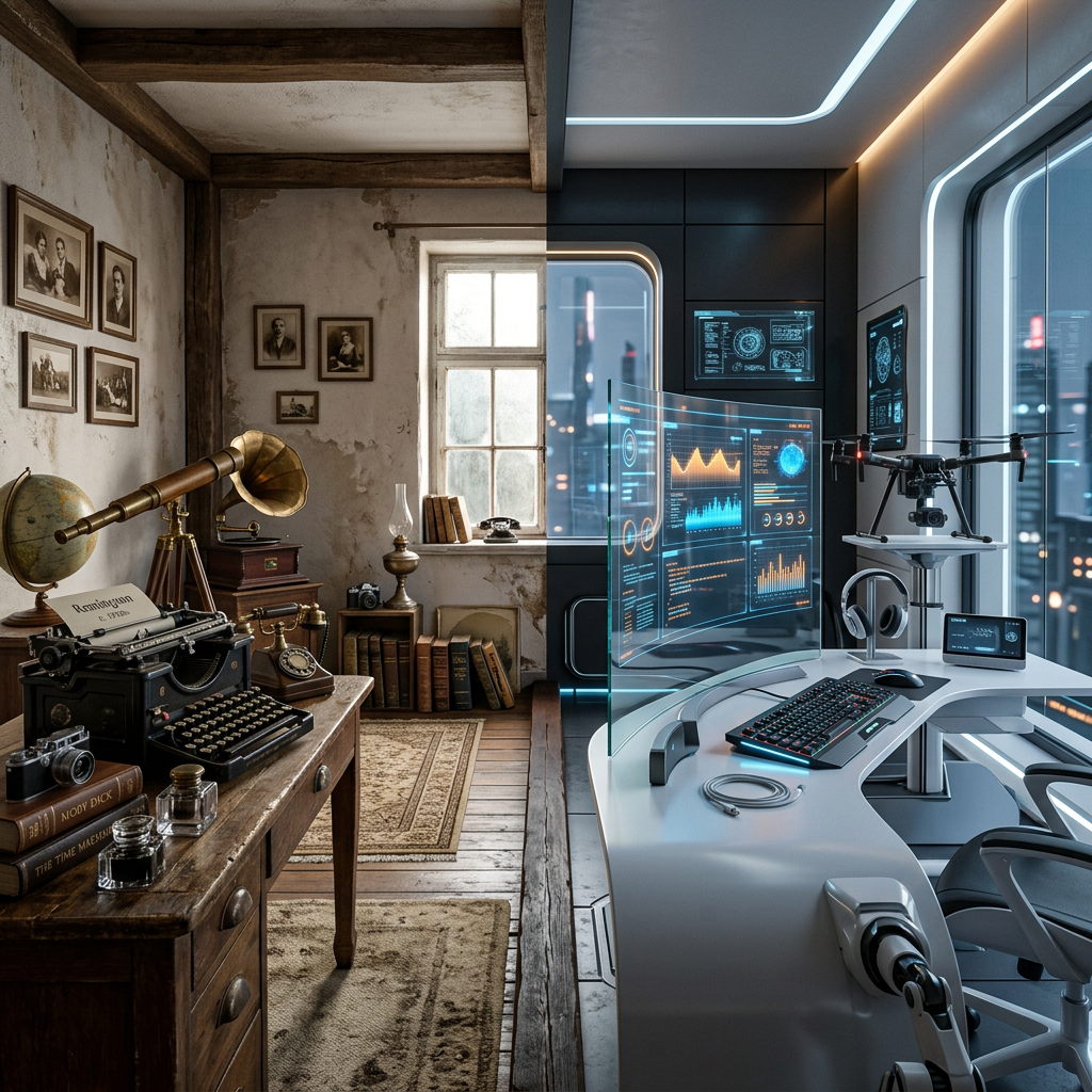 Split workspace with vintage study on left and futuristic office with holographic displays on right