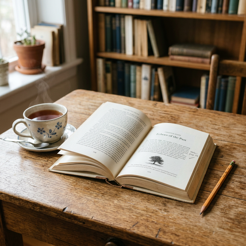 Open book, tea cup, and pencil on a wooden table