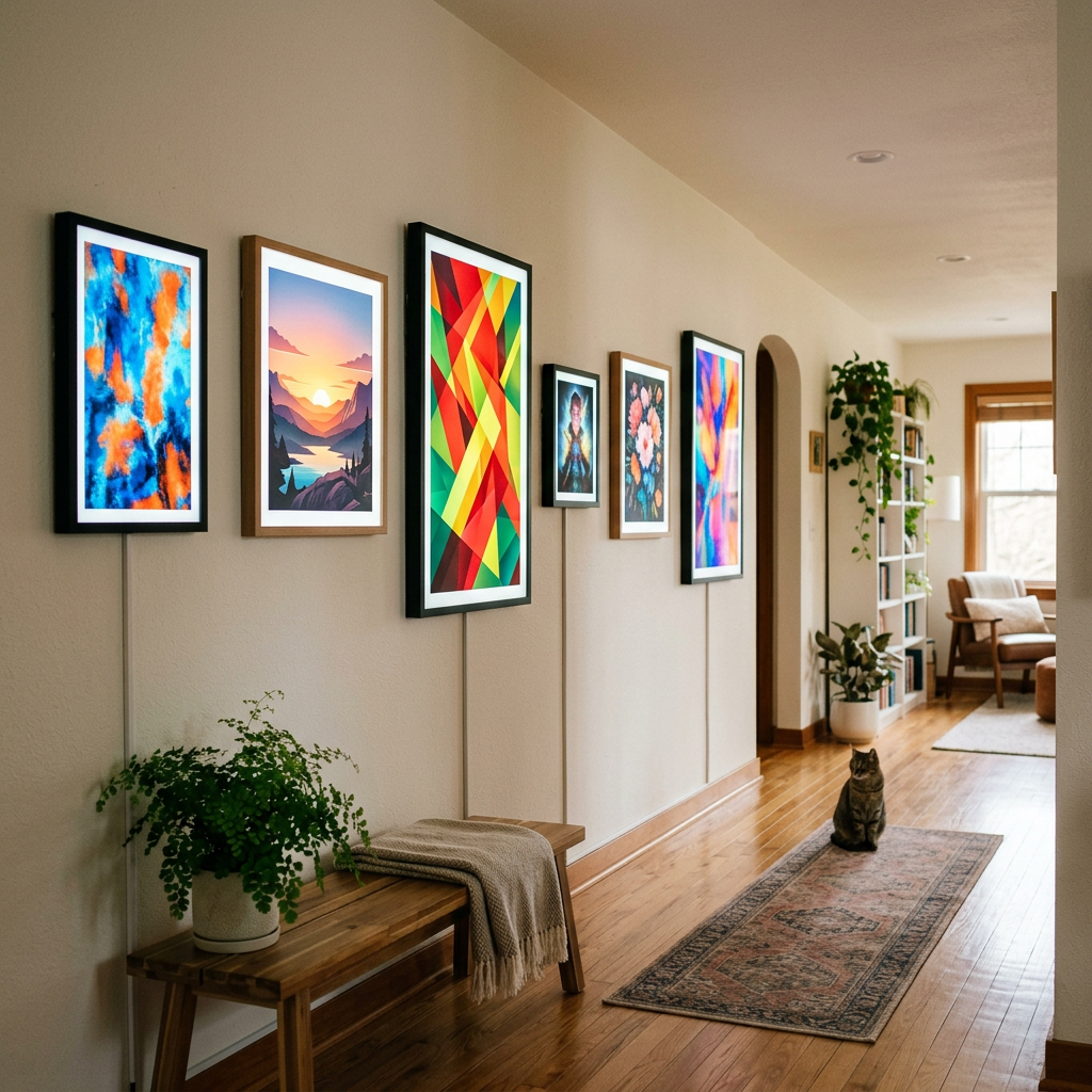 Hallway with colorful framed artwork, plants, bench, rug, and seated cat