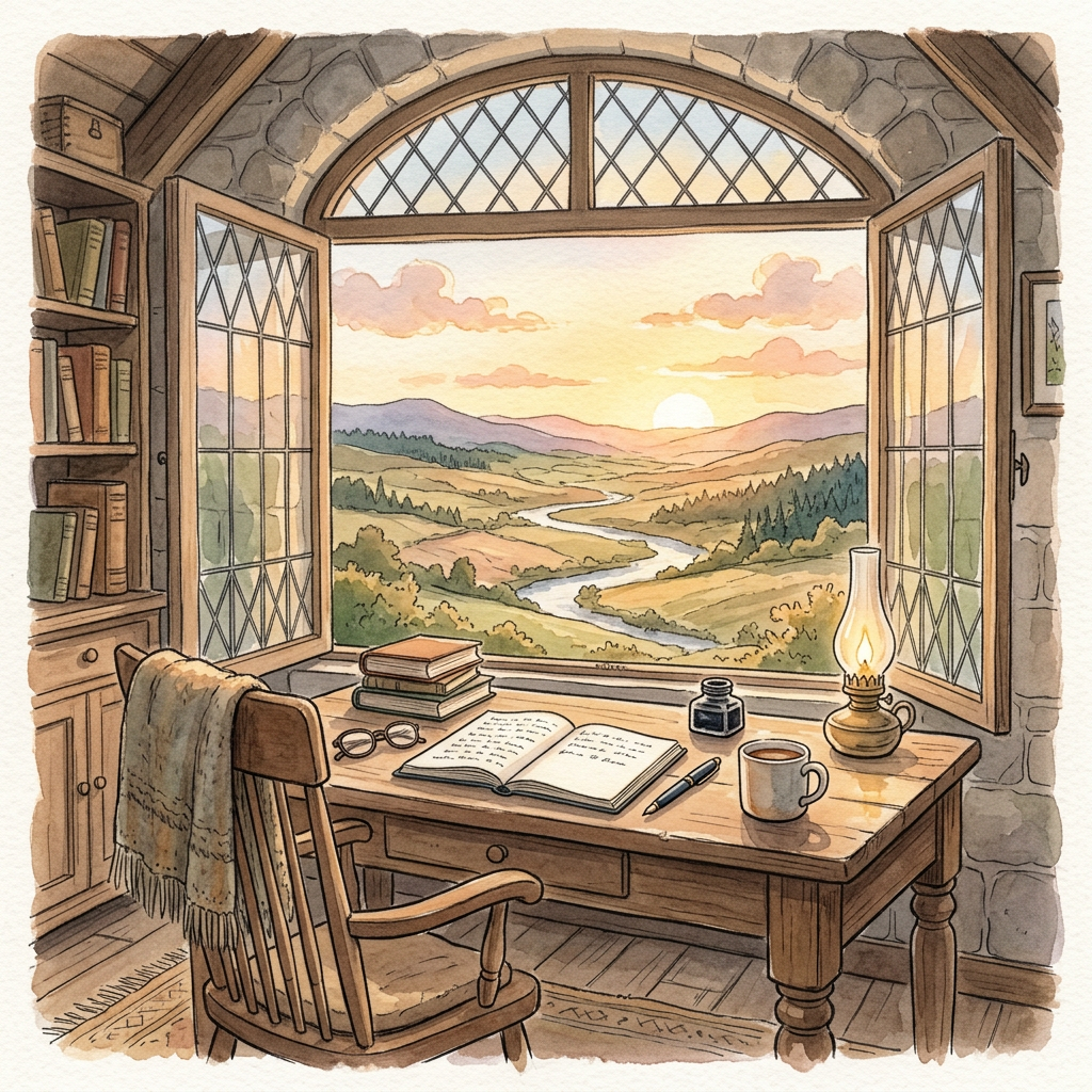 Writing desk by an open window overlooking a sunlit river valley