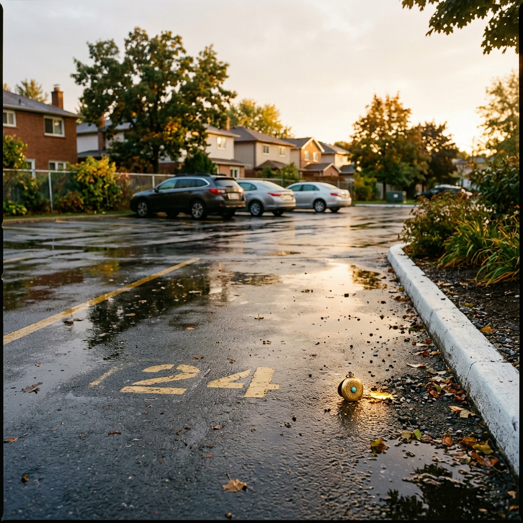 Wet parking space marked 24 with parked cars and houses