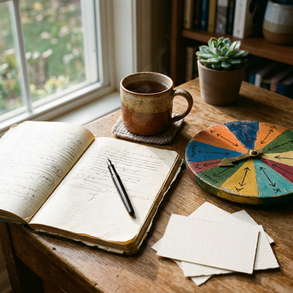 Open handwritten journal with pen, coffee mug, plant, and colorful decision wheel