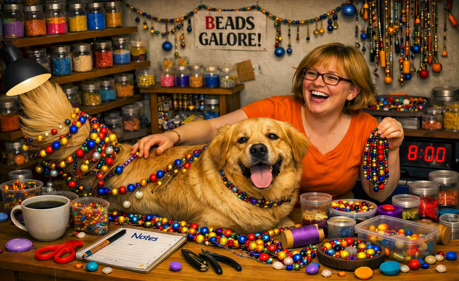 A smiling woman in an orange shirt sits at a bead‑filled craft table beside her golden dog, who’s wrapped in colorful bead strands. Shelves of jars and a sign reading “Beads Galore!” fill the background, capturing the joyful chaos of bead‑making with a furry helper.