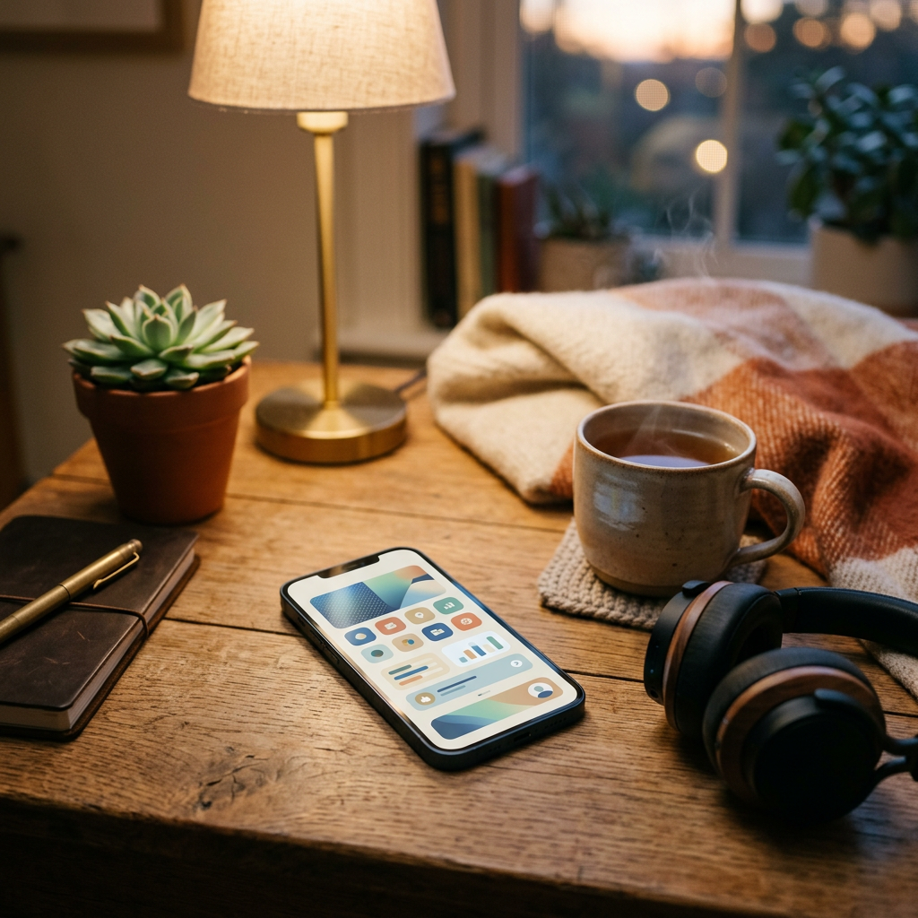 Wooden table with smartphone, coffee, headphones, notebook, plant, lamp, and blanket