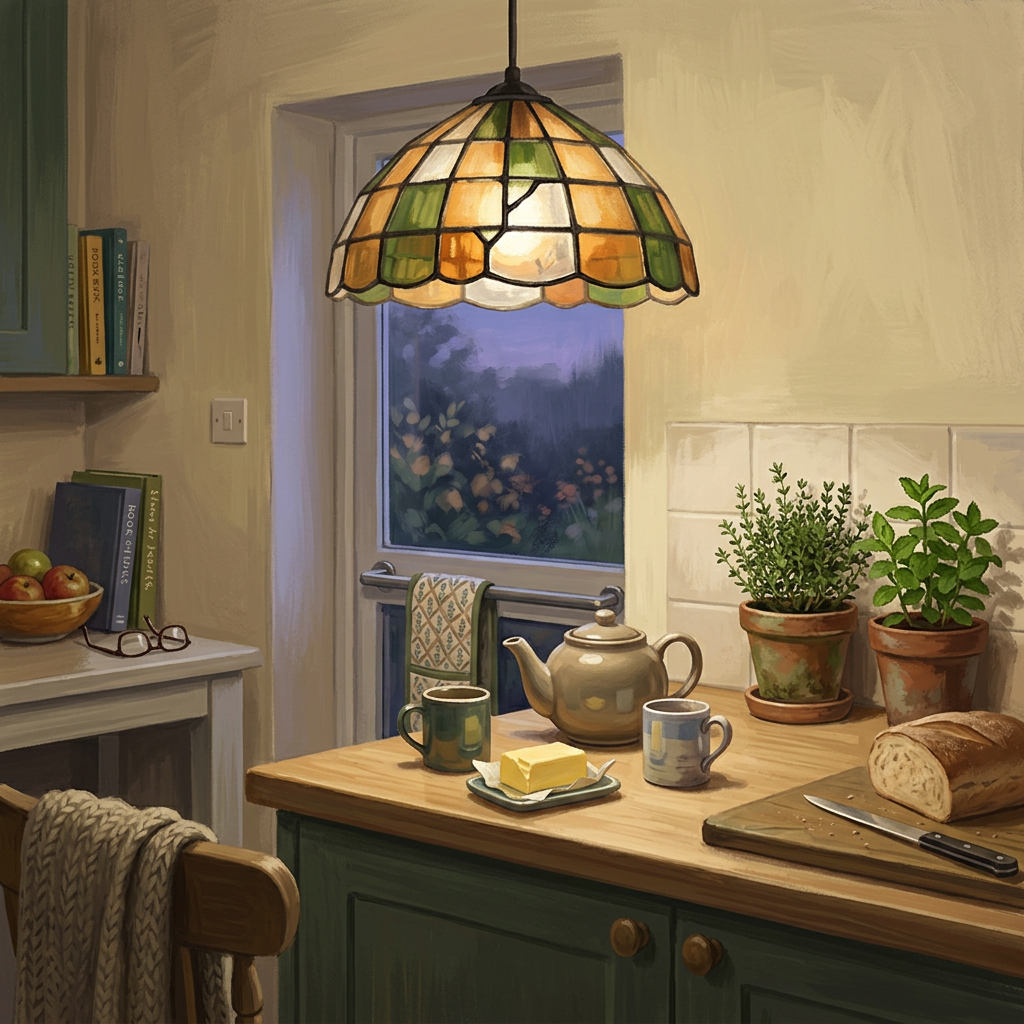 Cozy kitchen with stained-glass lamp, tea, bread, and potted herbs