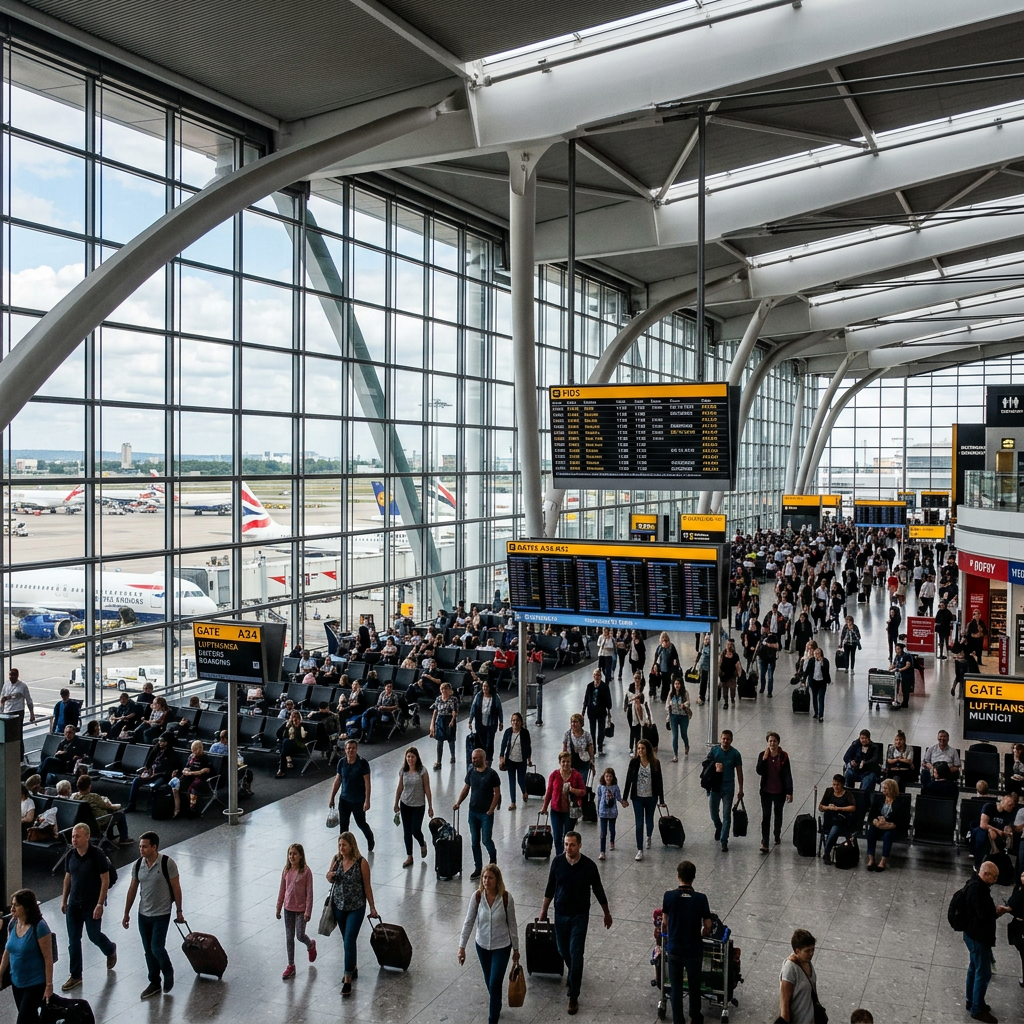 Busy airport terminal with travelers, departure boards, and airplanes outside