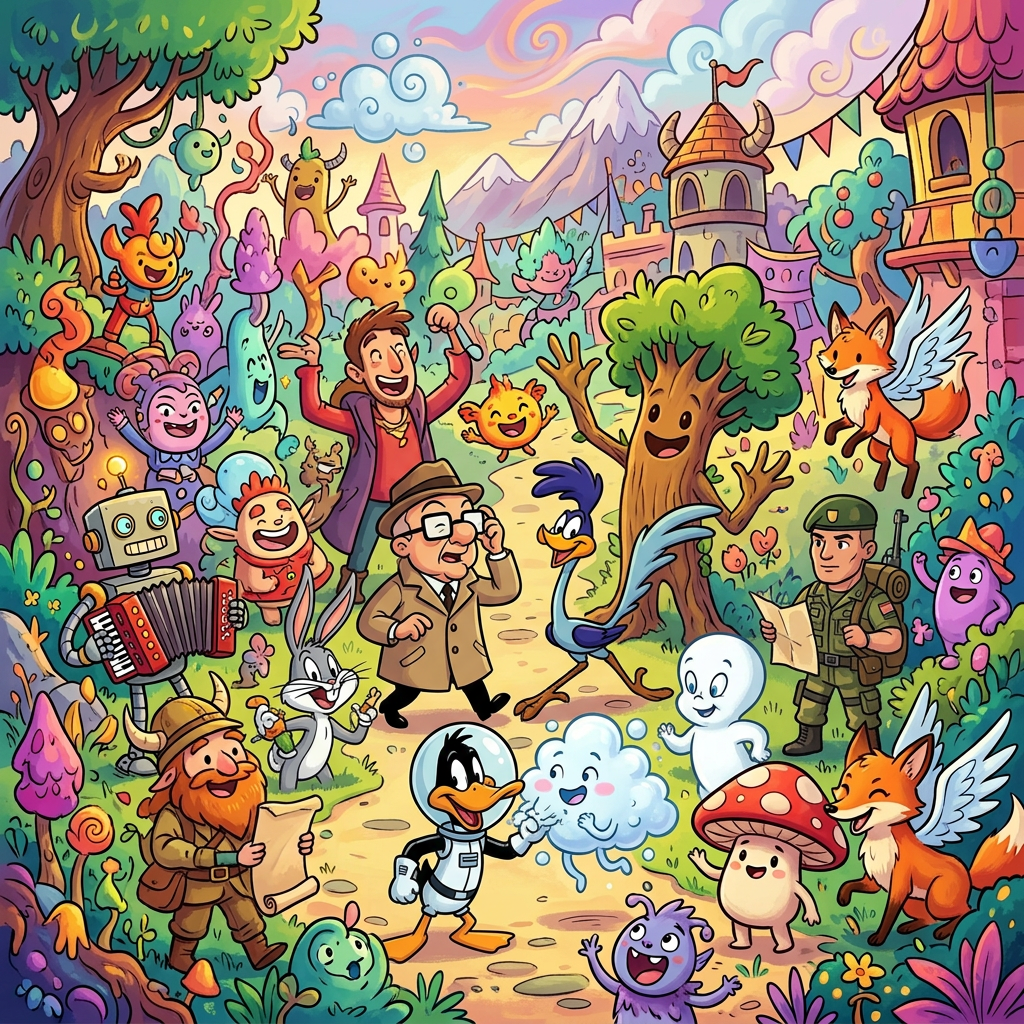 Colorful fantasy forest filled with magical creatures, fairytale castle, and mountains