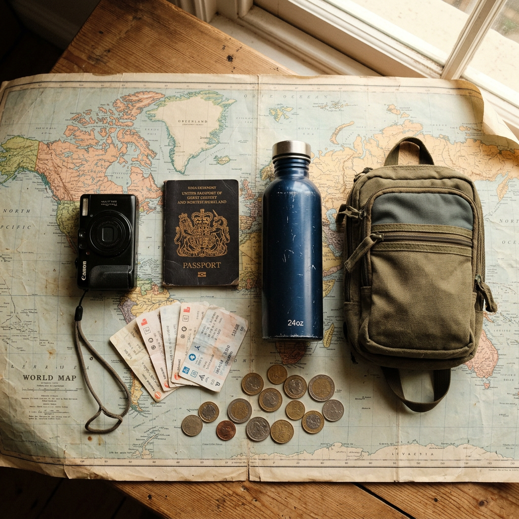Travel gear arranged on a world map, including passport and tickets