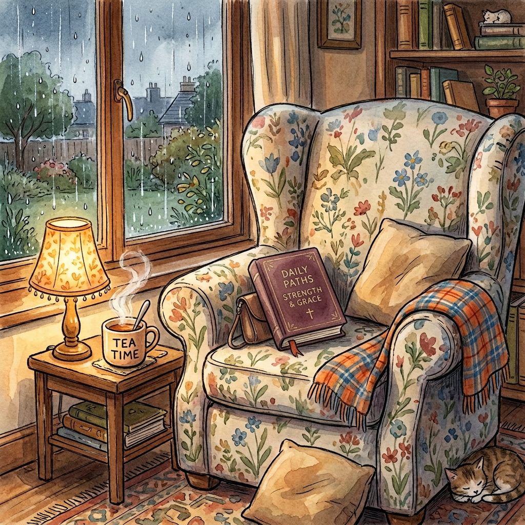 Floral armchair with tea, book labeled STORIES, and sleeping cat beside rainy window