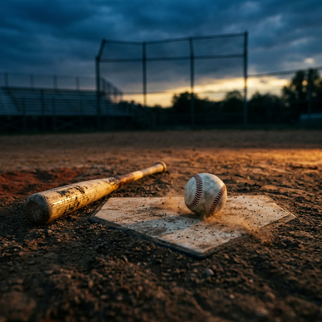 Baseball bat and ball beside home plate at dusk