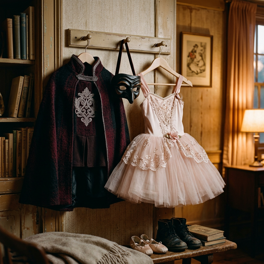 Child villain costume beside ballerina dress