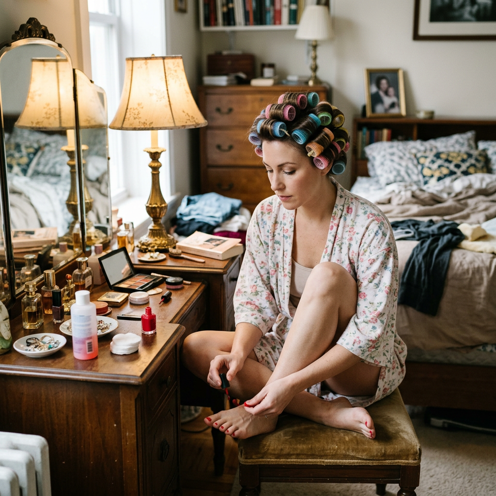Woman in hair rollers painting her toenails beside a makeup table