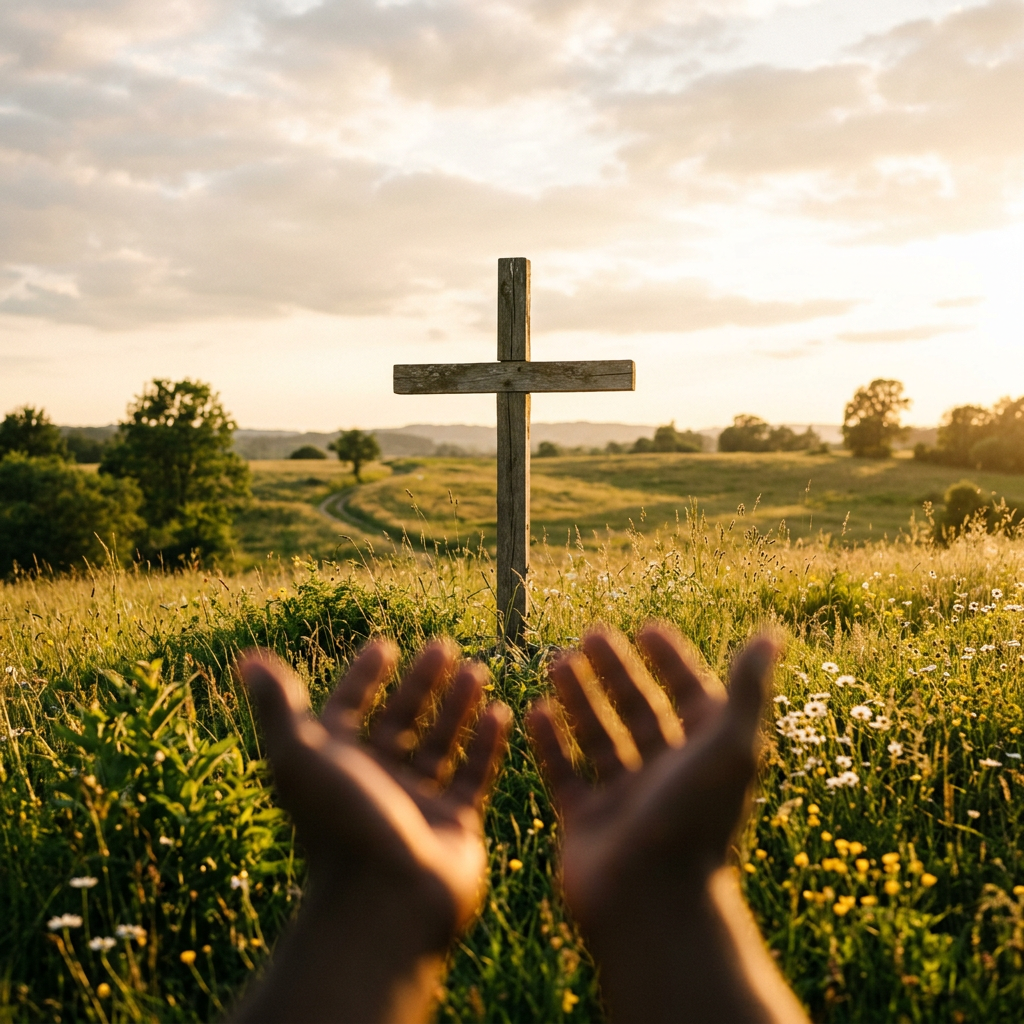 Open hands reaching toward a wooden cross in a sunlit meadow