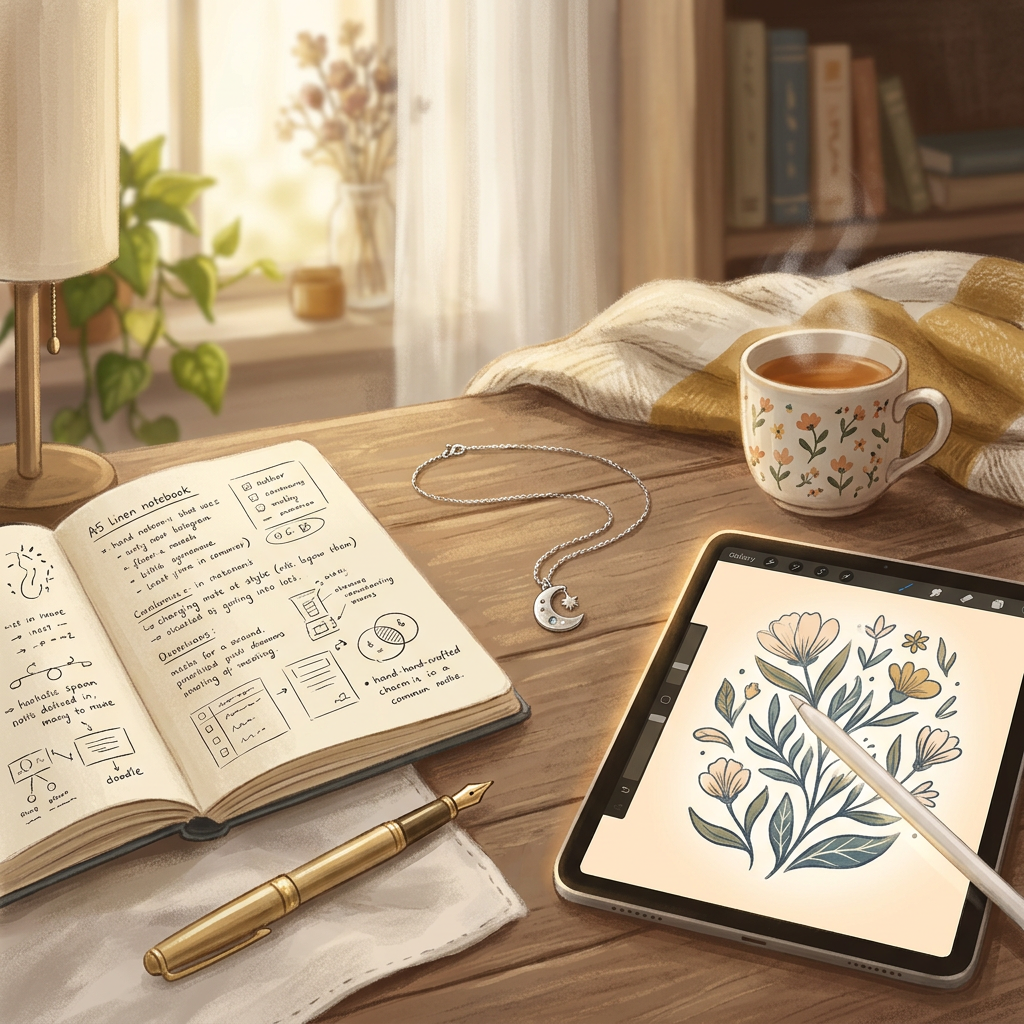 Open A5 linen notebook, fountain pen, tablet with botanical drawing, tea, and necklace