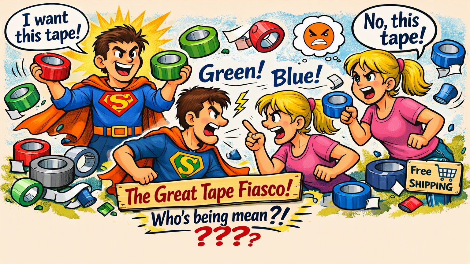 Cartoon illustration of a funny tape argument — Superman in an orange cape and a woman shouting over blue and green tape rolls.