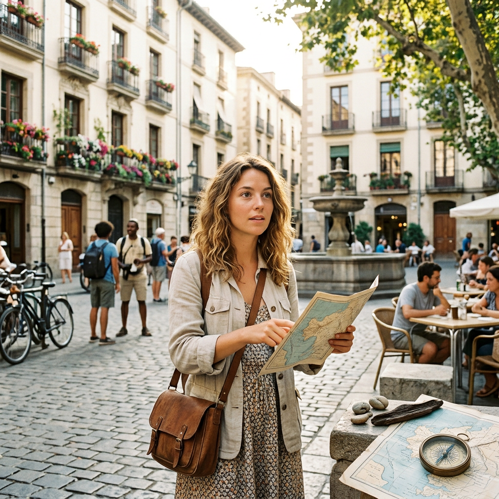 Traveler studying a map in a historic European plaza