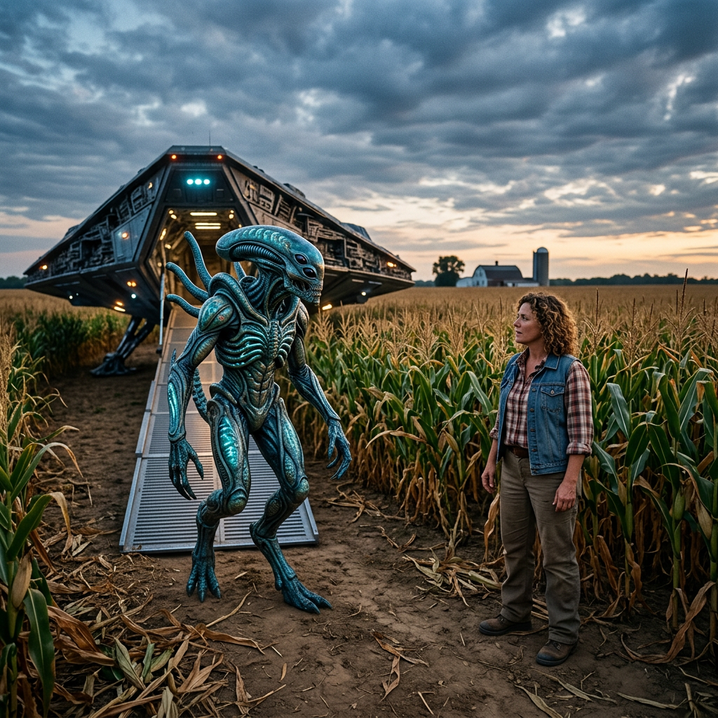 Woman facing a biomechanical alien beside a landed spacecraft in a cornfield