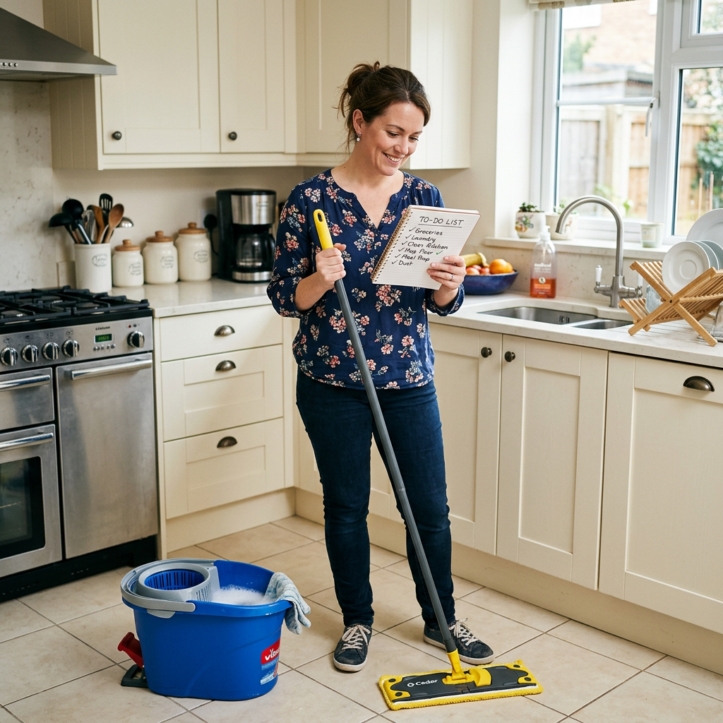 Woman holding a mop and TO-DO LIST in kitchen; list reads Groceries, Laundry, Clean Kitchen, Mop Floor, Meal Prep, Dust.