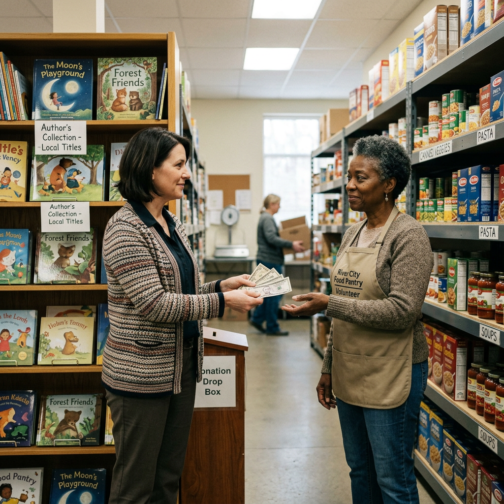 Two women exchanging a donation inside a food pantry lined with shelves of canned goods and children’s books, symbolizing generosity and local authorship.