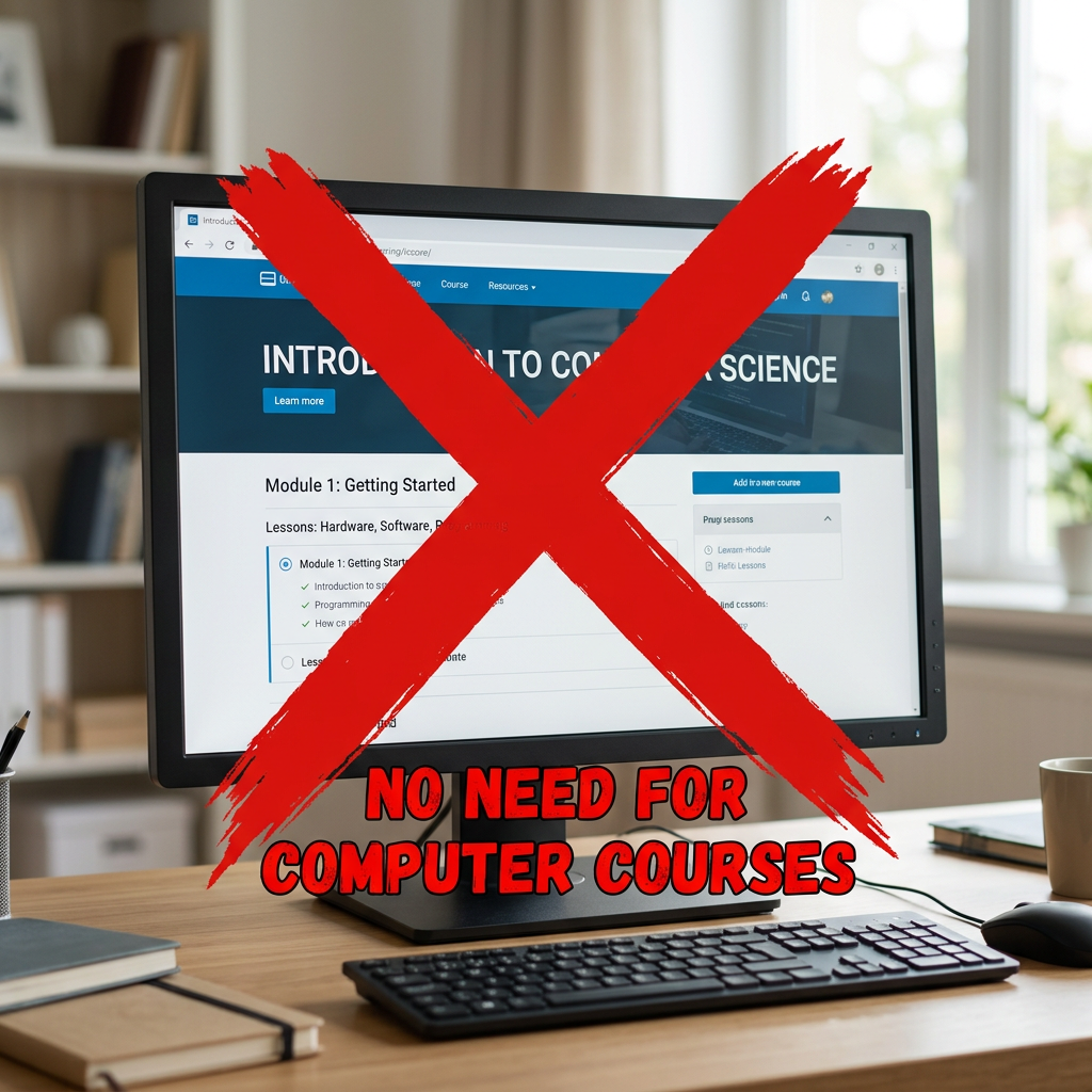 Computer screen showing an online course crossed out with a red X and the words “No need for computer courses,” illustrating a retired writer’s humorous view on modern learning.