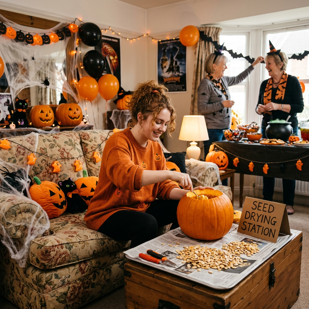 Woman carving a pumpkin in a warmly decorated living room with orange lights, jack‑o’‑lanterns, and friends enjoying Halloween crafts — capturing the spirit of Debra A Winter (Richter)’s poem.