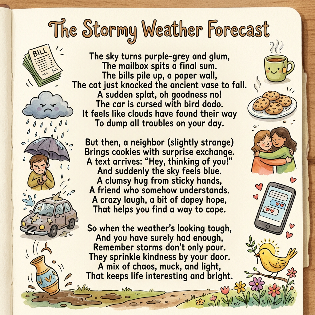 The Stormy Weather Forecast. The sky turns purple-grey and glum, The mailbox spits a final sum. The bills pile up, a paper wall, The cat just knocked the ancient vase to fall. A sudden splat, oh goodness no! The car is cursed with bird dodo. It feels like clouds have found their way To dump all troubles on your day. But then, a neighbor (slightly strange) Brings cookies with surprise exchange. A text arrives: “Hey, thinking of you!” And suddenly the sky feels blue. A clumsy hug from sticky hands, A friend who somehow understands. A crazy laugh, a bit of dopey hope, That helps you find a way to cope. So when the weather’s looking tough, And you have surely had enough, Remember storms don’t only pour. They sprinkle kindness by your door. A mix of chaos, muck, and light, That keeps life interesting and bright.