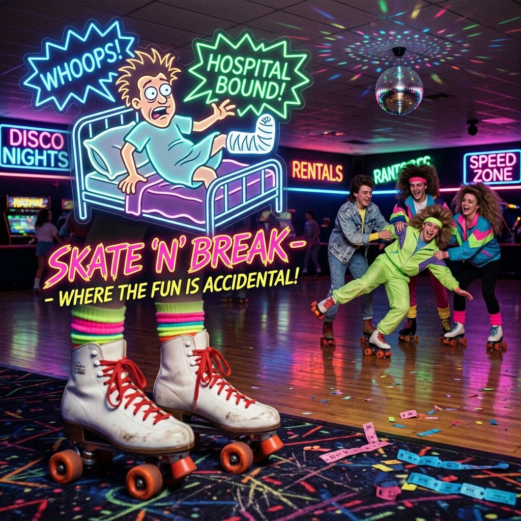 “Retro roller‑rink neon sign with cartoon hospital gag — inspired by the 1987 comedy Disorderlies.”