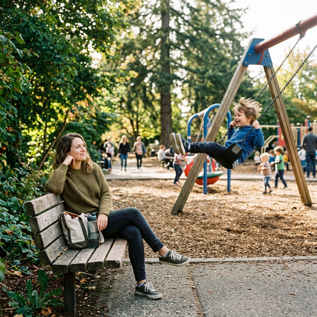 Child swinging at a playground while a woman watches from a bench