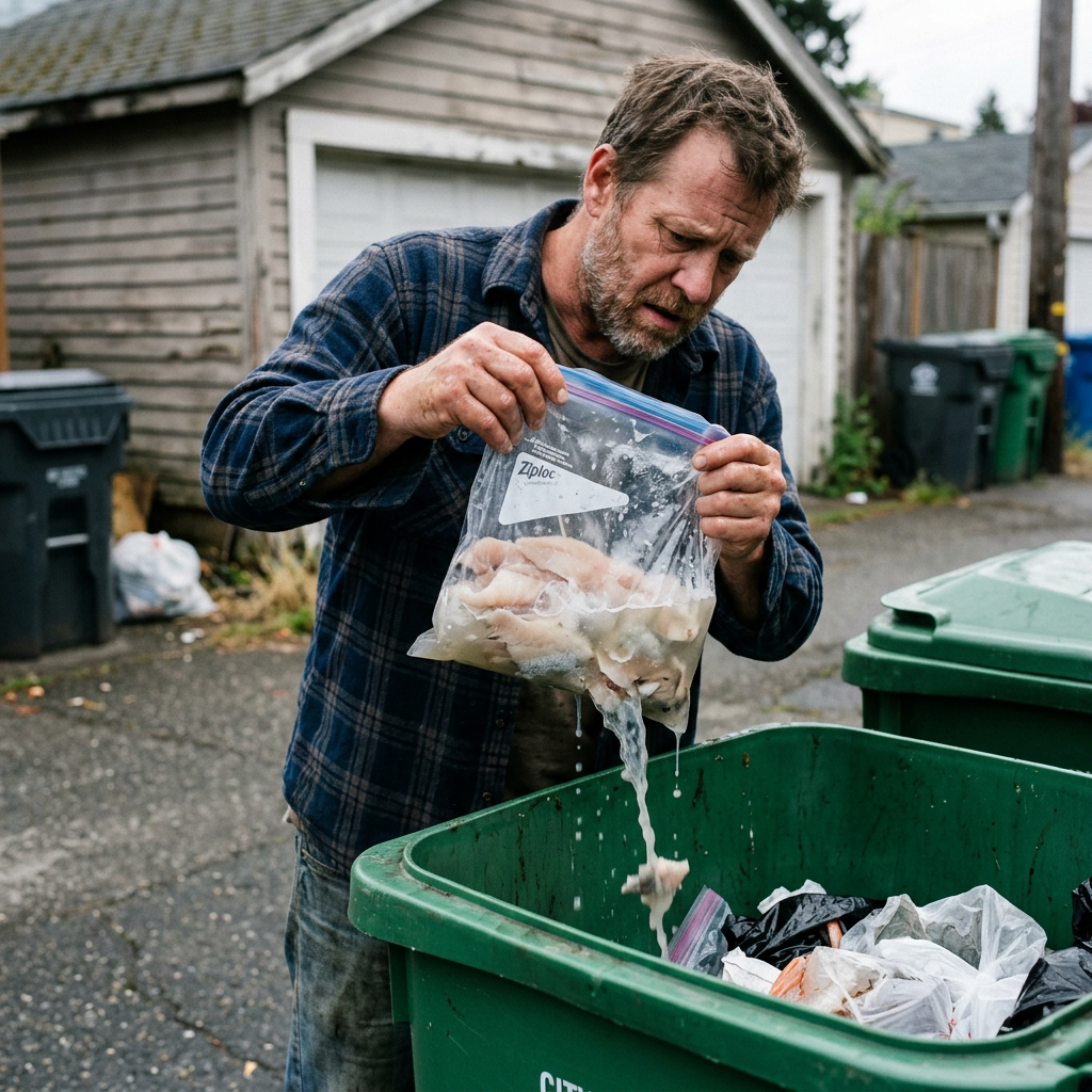 Man pours leaking Ziploc bag into green trash bin