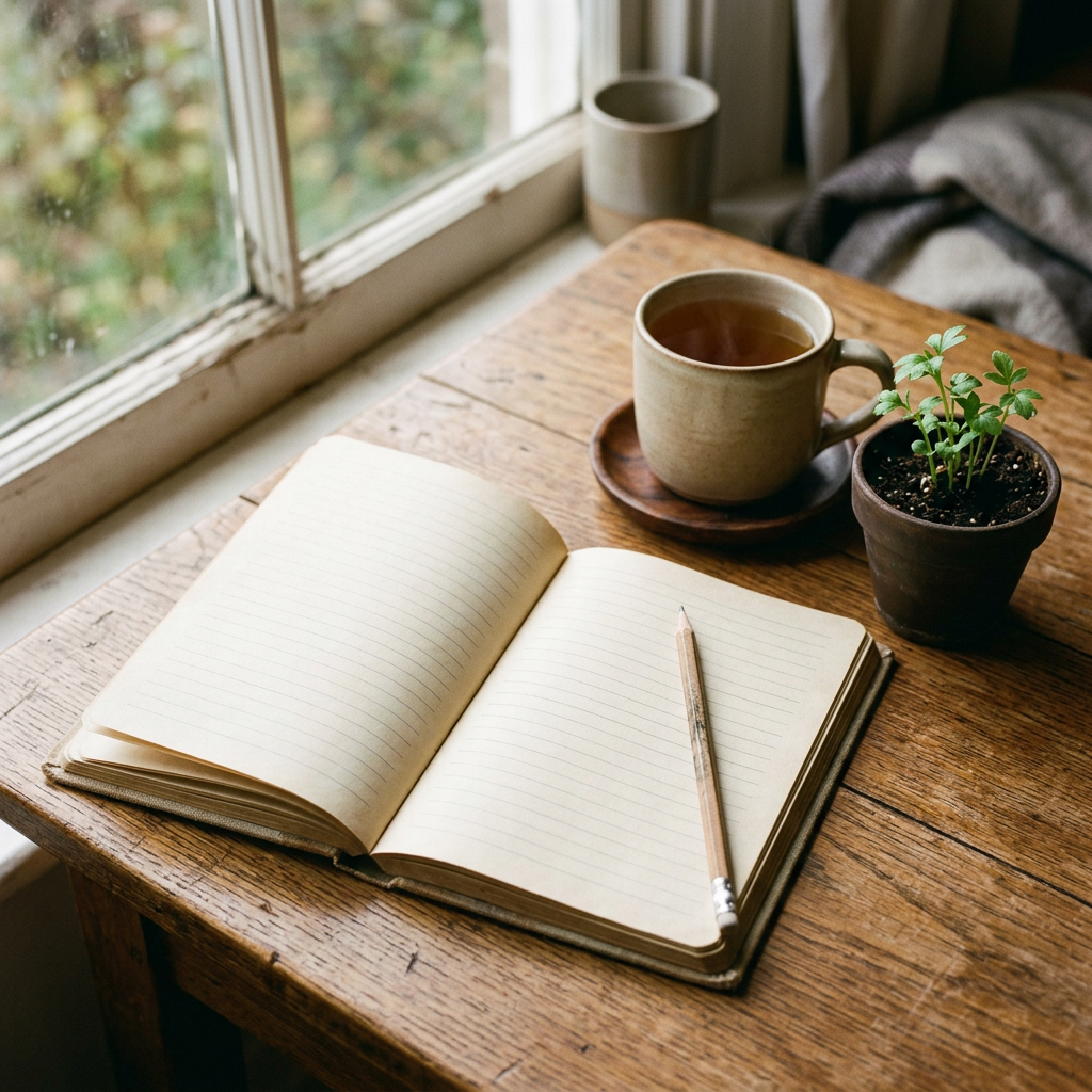 Open lined notebook with pencil, tea, and potted plant on wooden table