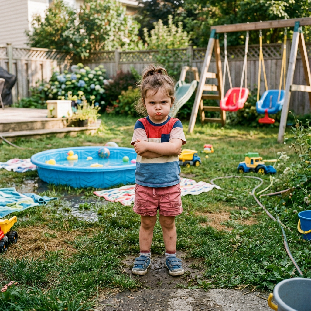 Child standing with folded arms in a backyard beside a kiddie pool and swings